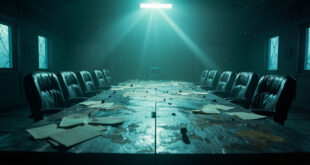Abandoned Arctic conference room with empty chairs surrounding a wooden table bearing a world map with diplomatic markers