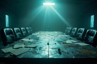 Abandoned Arctic conference room with empty chairs surrounding a wooden table bearing a world map with diplomatic markers