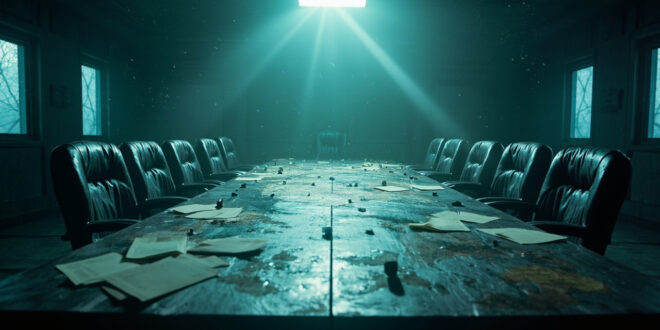 Abandoned Arctic conference room with empty chairs surrounding a wooden table bearing a world map with diplomatic markers