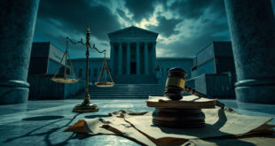 Wooden gavel on legal documents with scales of justice and shipping containers in background