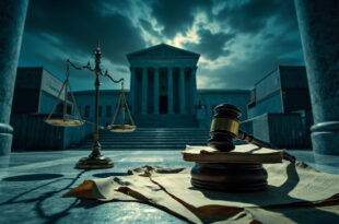 Wooden gavel on legal documents with scales of justice and shipping containers in background
