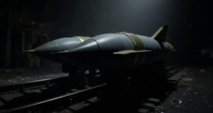 Military missiles arranged near railway infrastructure showing strategic weapons supply chain