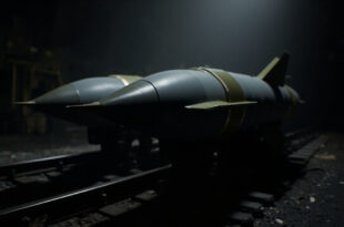 Military missiles arranged near railway infrastructure showing strategic weapons supply chain