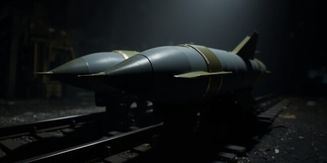 Military missiles arranged near railway infrastructure showing strategic weapons supply chain