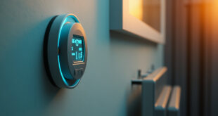 Digital energy meter display showing consumption readings in a residential setting with heating radiator visible
