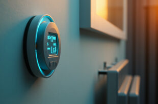 Digital energy meter display showing consumption readings in a residential setting with heating radiator visible