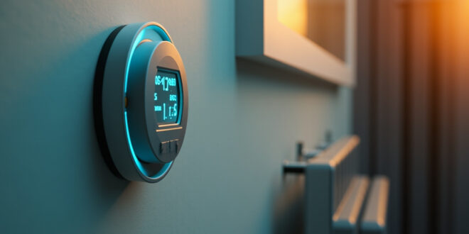 Digital energy meter display showing consumption readings in a residential setting with heating radiator visible