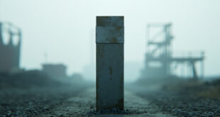 Weathered concrete border post stands against overcast sky in abandoned industrial landscape
