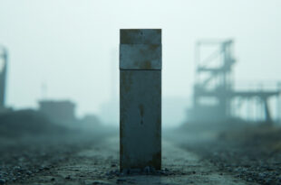 Weathered concrete border post stands against overcast sky in abandoned industrial landscape