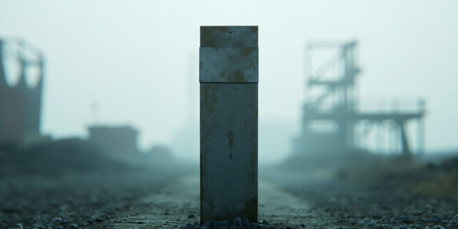 Weathered concrete border post stands against overcast sky in abandoned industrial landscape