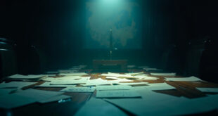 Empty diplomatic negotiation table with unresolved territorial maps and unsigned documents in austere meeting room