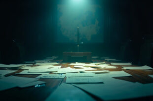 Empty diplomatic negotiation table with unresolved territorial maps and unsigned documents in austere meeting room
