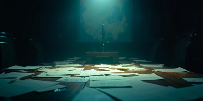 Empty diplomatic negotiation table with unresolved territorial maps and unsigned documents in austere meeting room