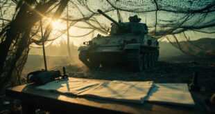 Abandoned armored vehicle under camouflage netting on empty battlefield with unsigned treaty documents on nearby wooden table