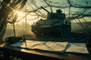 Abandoned armored vehicle under camouflage netting on empty battlefield with unsigned treaty documents on nearby wooden table