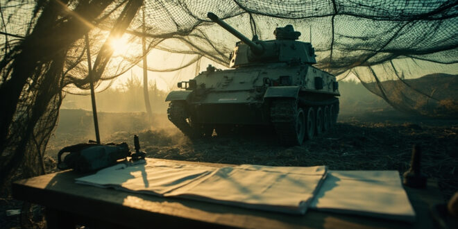 Abandoned armored vehicle under camouflage netting on empty battlefield with unsigned treaty documents on nearby wooden table