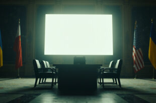 Empty diplomatic conference room with three national flags and video equipment prepared for international summit