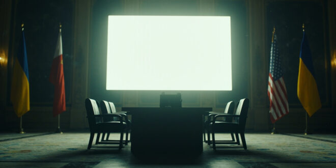 Empty diplomatic conference room with three national flags and video equipment prepared for international summit