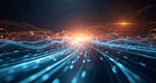 Abstract network of glowing blue and amber data nodes connected by flowing light streams in dark digital space