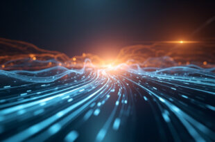 Abstract network of glowing blue and amber data nodes connected by flowing light streams in dark digital space