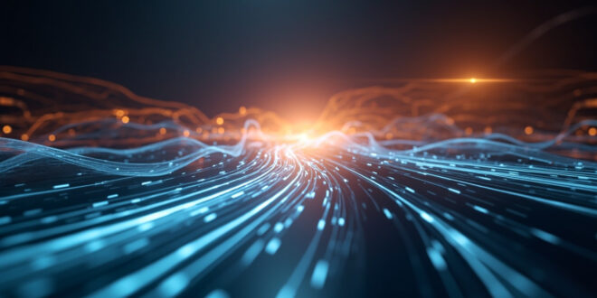 Abstract network of glowing blue and amber data nodes connected by flowing light streams in dark digital space