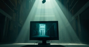 Empty surveillance monitor displaying leaked footage in abandoned prison corridor with security cameras overhead