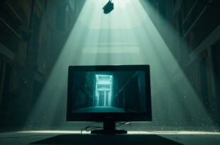 Empty surveillance monitor displaying leaked footage in abandoned prison corridor with security cameras overhead