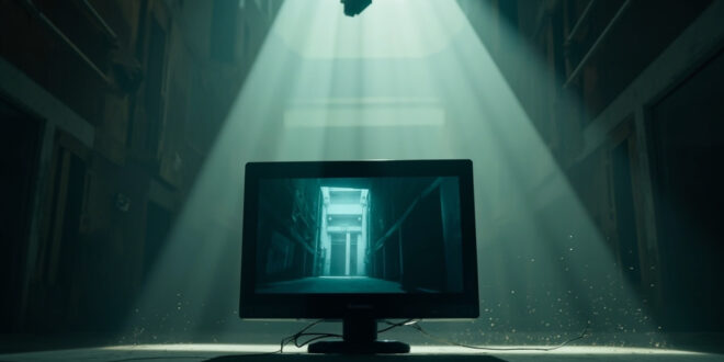 Empty surveillance monitor displaying leaked footage in abandoned prison corridor with security cameras overhead