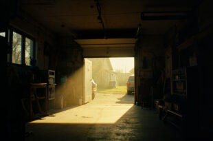 Morning sunlight illuminates the interior of a residential garage with open door showing safe hiding space