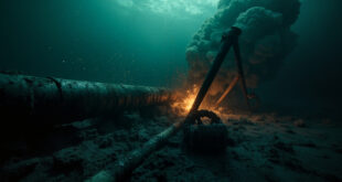 Severed industrial pipeline underwater with metal debris floating in dark blue water