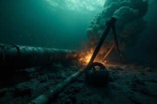 Severed industrial pipeline underwater with metal debris floating in dark blue water