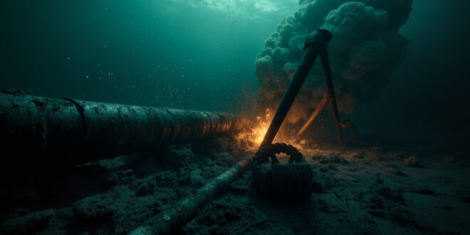 Severed industrial pipeline underwater with metal debris floating in dark blue water