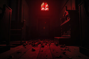 Dark church interior showing damaged wooden door and broken stained glass window with memorial flowers on floor