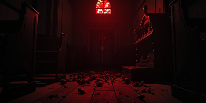 Dark church interior showing damaged wooden door and broken stained glass window with memorial flowers on floor
