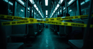 Empty tram interior with yellow evidence tape across seats and forensic investigation materials