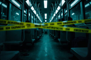 Empty tram interior with yellow evidence tape across seats and forensic investigation materials