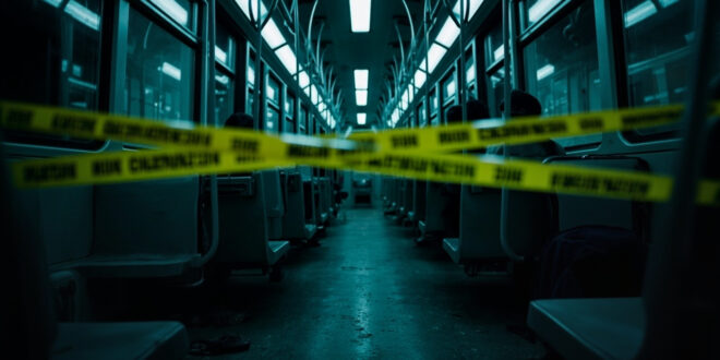 Empty tram interior with yellow evidence tape across seats and forensic investigation materials