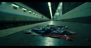 Torn blue and white flag with red paint stains scattered on concrete subway platform floor