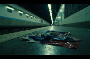 Torn blue and white flag with red paint stains scattered on concrete subway platform floor