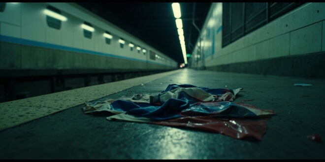 Torn blue and white flag with red paint stains scattered on concrete subway platform floor