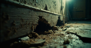 Abandoned house interior showing extensive rodent damage with gnawed holes in wooden baseboards and damaged walls