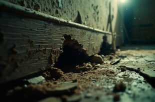 Abandoned house interior showing extensive rodent damage with gnawed holes in wooden baseboards and damaged walls