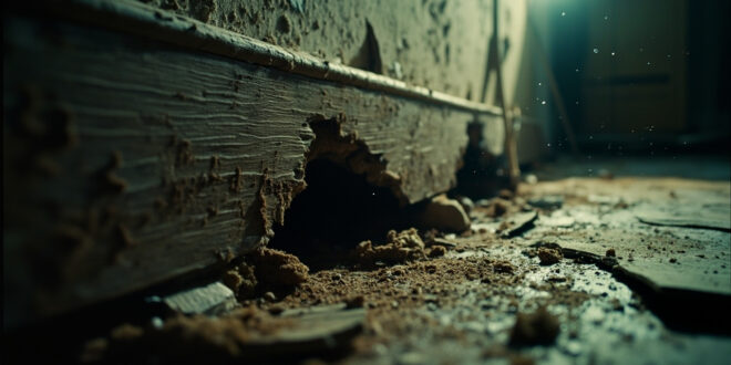 Abandoned house interior showing extensive rodent damage with gnawed holes in wooden baseboards and damaged walls