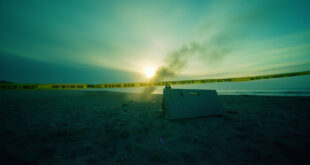 Evidence markers and police tape cordoning off a crime scene on a deserted Baltic Sea beach at dawn