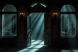 Closed hotel entrance with ornate doors and empty lobby visible through windows