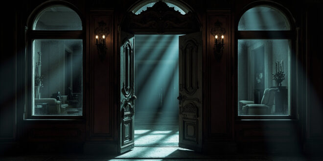 Closed hotel entrance with ornate doors and empty lobby visible through windows