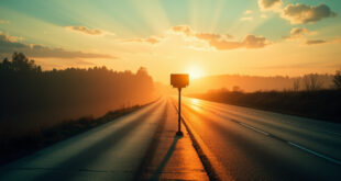 Automatic speed camera positioned on deserted German highway at dawn, gray asphalt contrasting with warning yellow markings