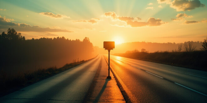 Automatic speed camera positioned on deserted German highway at dawn, gray asphalt contrasting with warning yellow markings