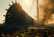 Severely damaged wind turbine with charred nacelle and broken blades amid scattered debris in rural wind farm landscape