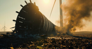 Severely damaged wind turbine with charred nacelle and broken blades amid scattered debris in rural wind farm landscape